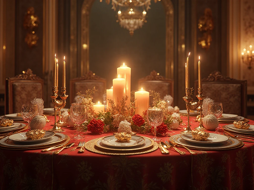 Ylellinen juhlapöytä koristeineen